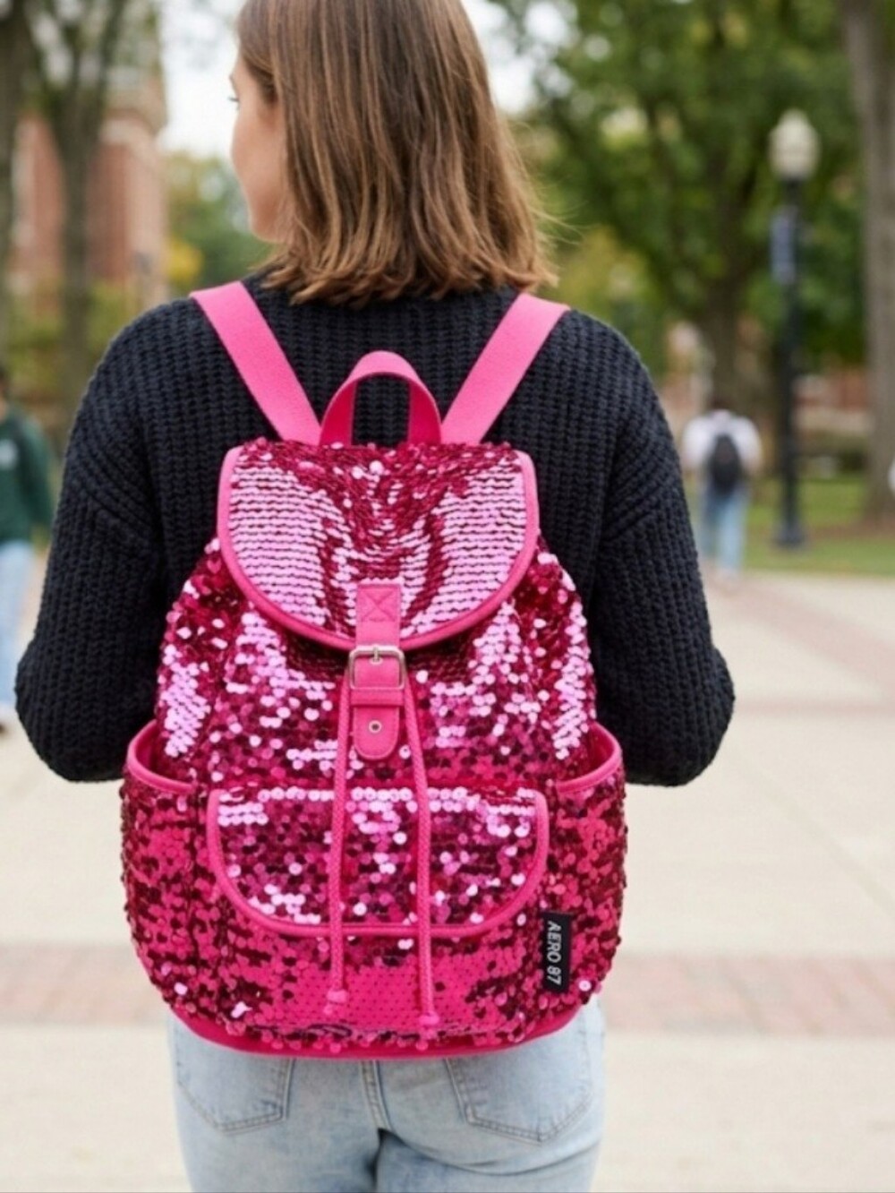 PS from Aéropostale Y2K Hot Pink Sequin Drawstring Flap Mini Backpack Bag - Picture 1 of 12